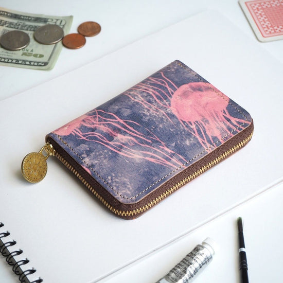 Round Zipper Compact Wallet (Jellyfish) Cowhide for Men and Ladies Mini Wallet