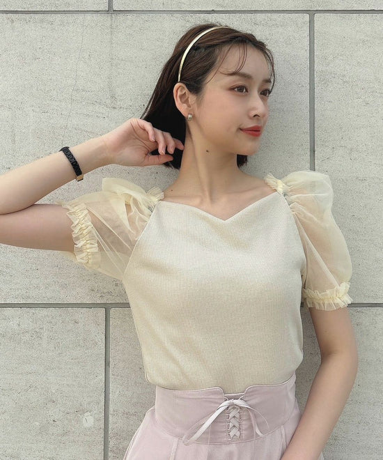 Tulle Puff Sleeve Cut Top