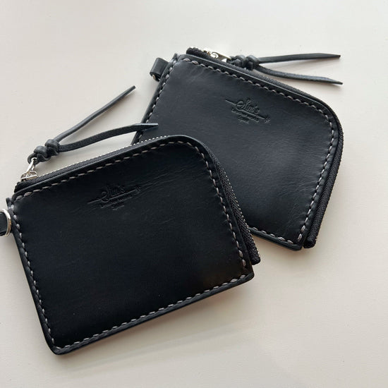 L-Shaped Zipper Wallet "Mini" Black Italian Oil Leather Hand-Stitched