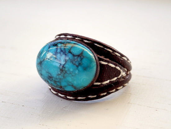 Cowhide leather, turquoise, free size ring